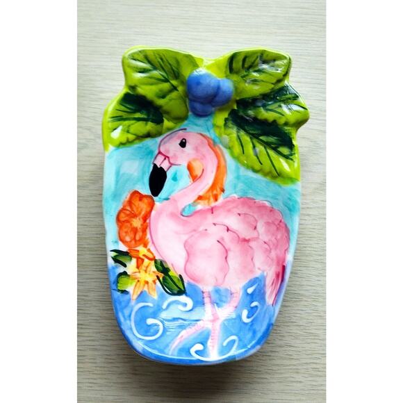 DISHES-HAUSENWARE-Trinket-Serving-Flamingo-Pink-Tropical-Embossed-SET OF 2 - Picture 4 of 15